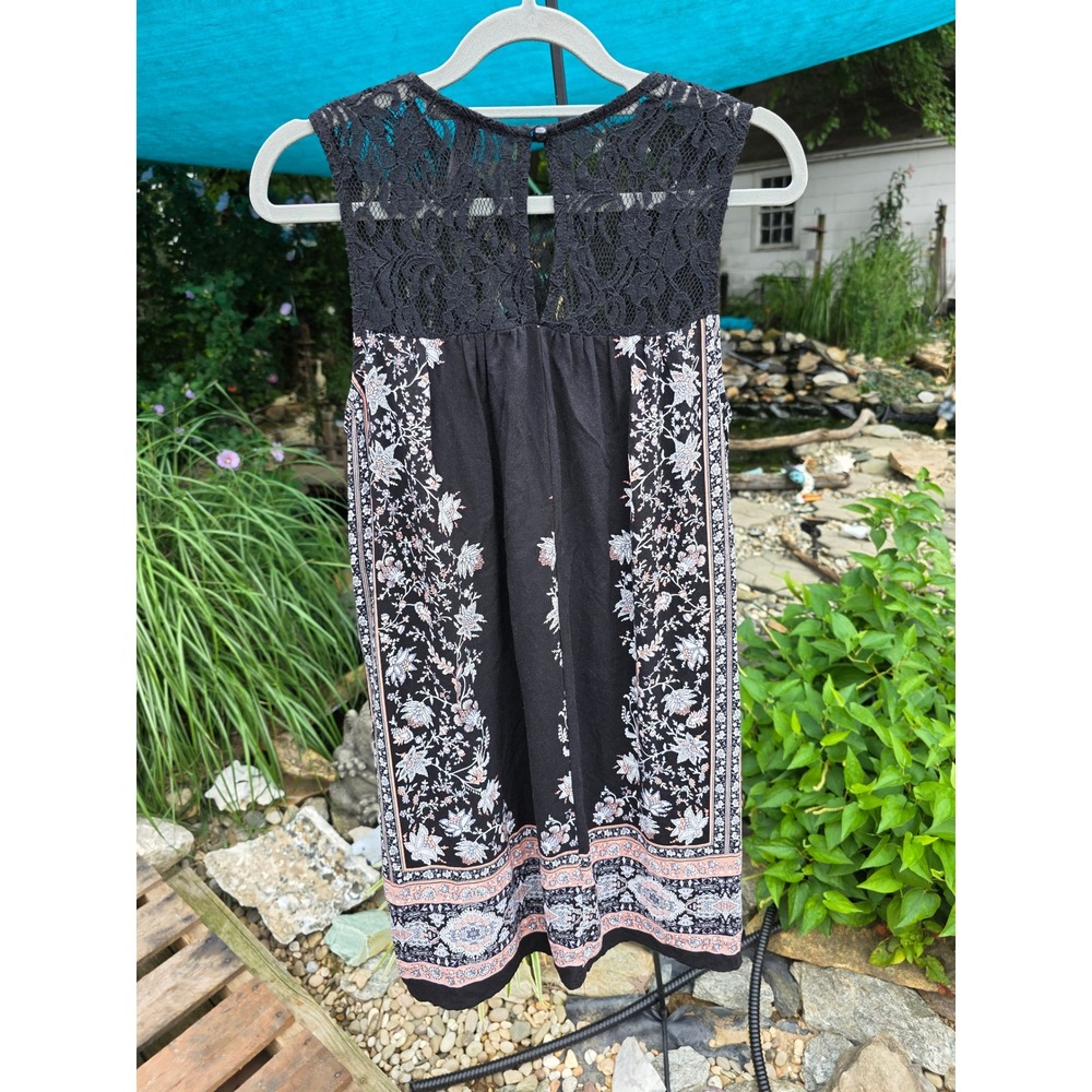 Estam Womens Boho Floral Border Print Sleeveless Tunic Top Black Lace Yoke L - Picture 6 of 9